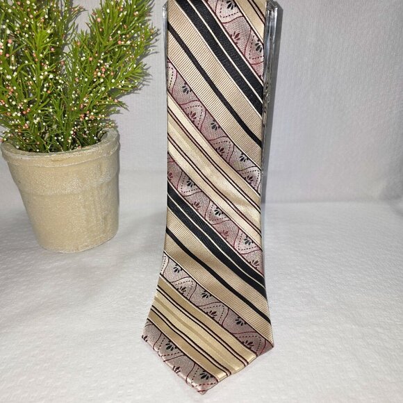 STACY ADAMS SIGNATURE GOLD MENS TIE DIAGONAL STRIPES GOLD BLACK TAN VTG - Picture 1 of 4